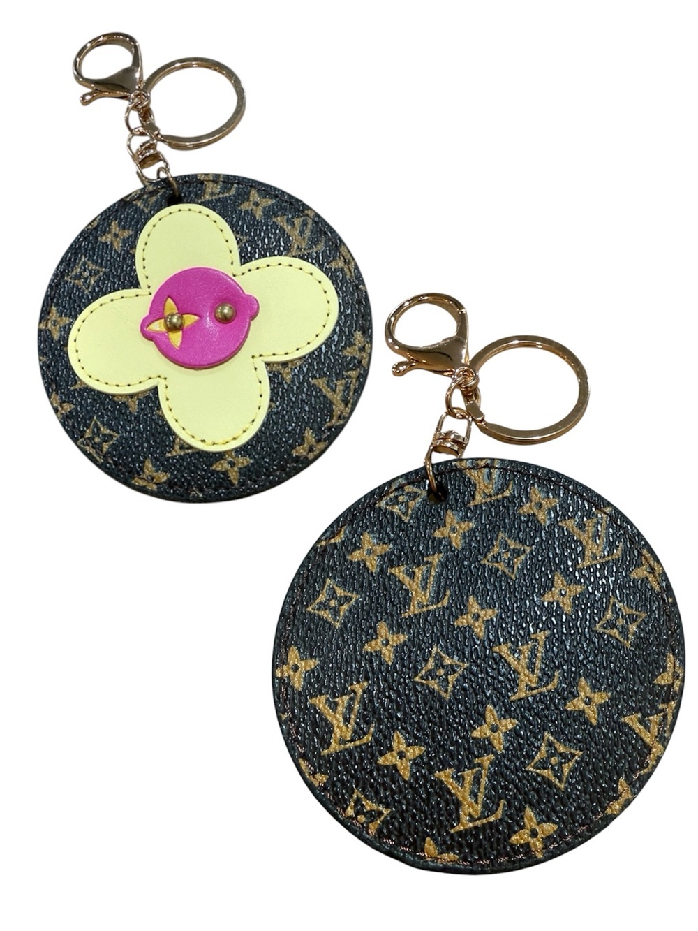 Fashion Monogram Round Key Holder with Yellow and Pink Flower (One Keychain)